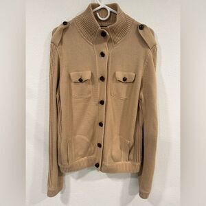 Lauren Ralph Lauren Tan Button-Up Leather Trim Military Cardigan Sweater XL EUC
